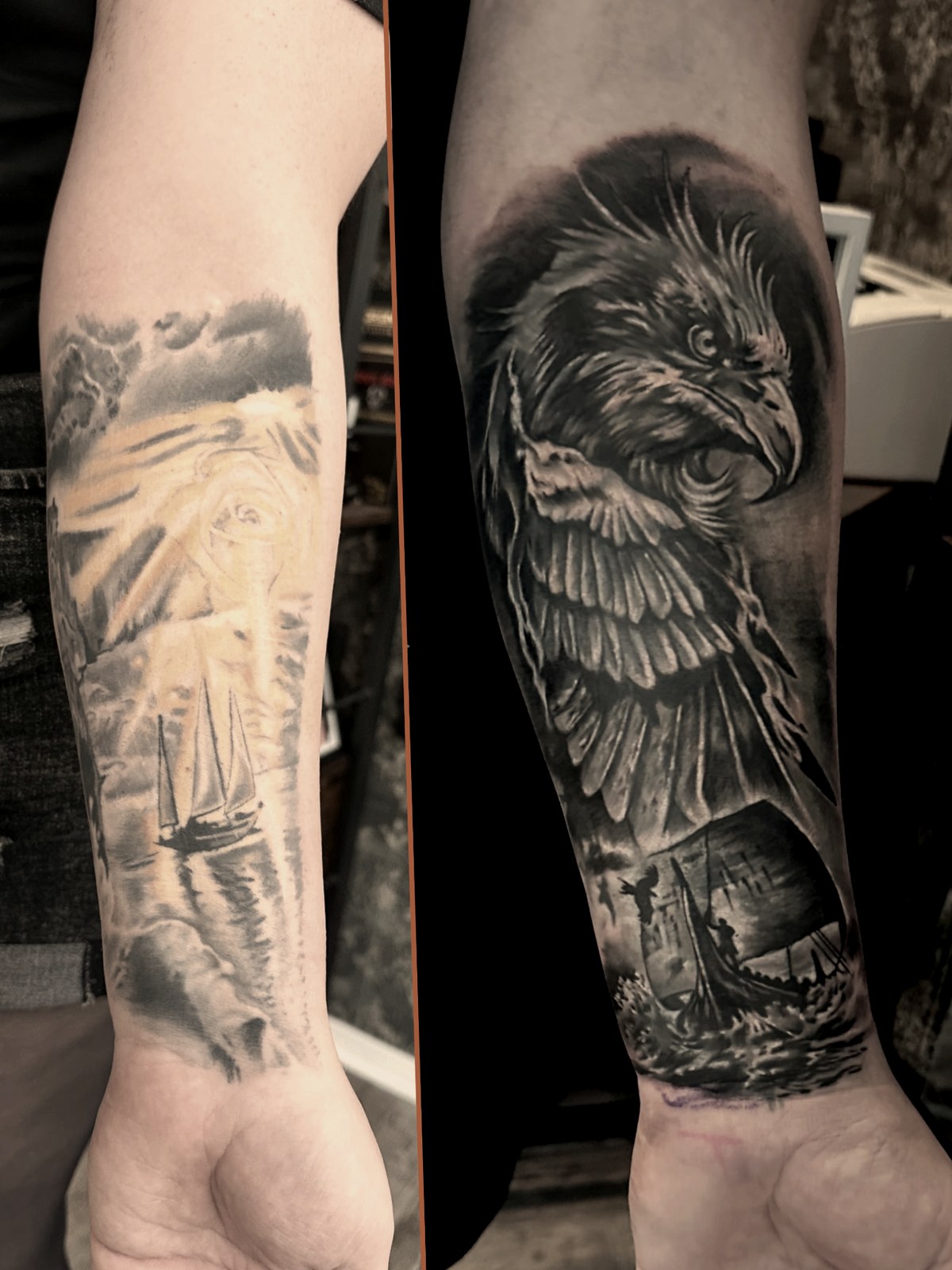 Vorher · Nachher — Cover-Ups Tattoo aus dem B Ink Atelier Schwanenstadt